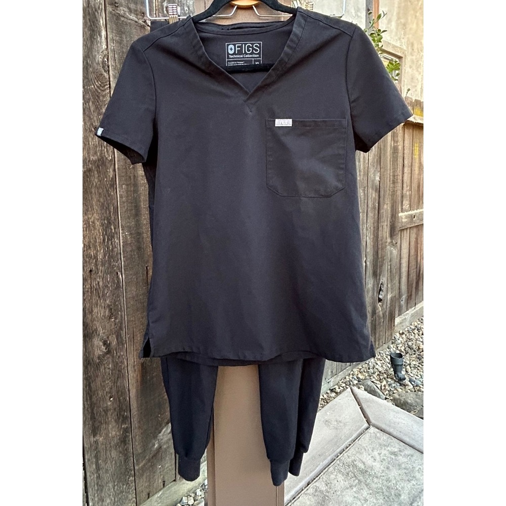 FIGS Technical Collection Scrub Set Womens XS Black V Neck Top Jogger Pants
